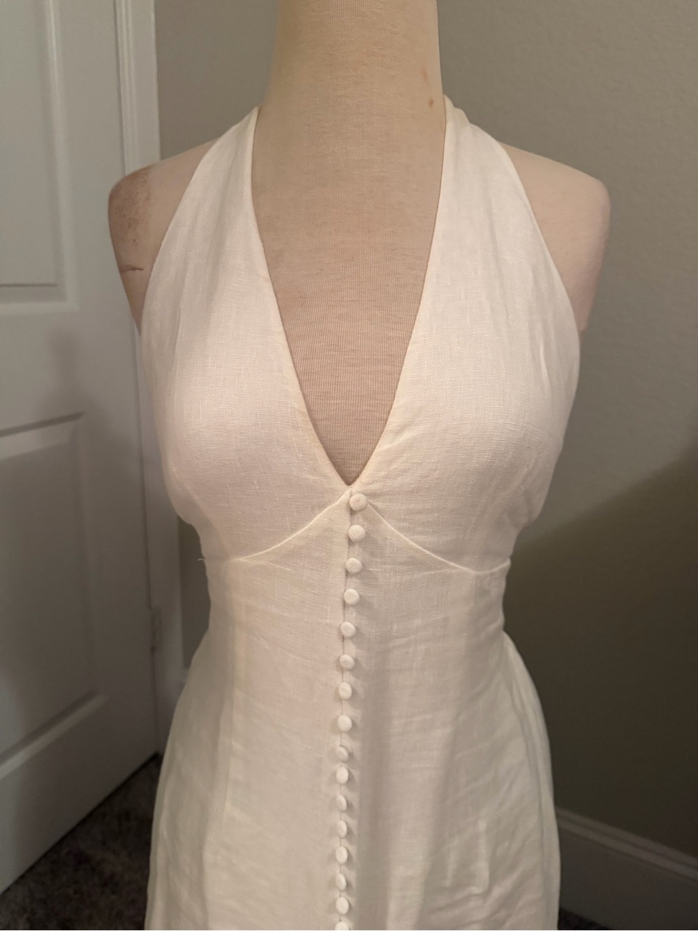 LoveShackFancy Ivory Halter Linen Dress with Front Button Detail